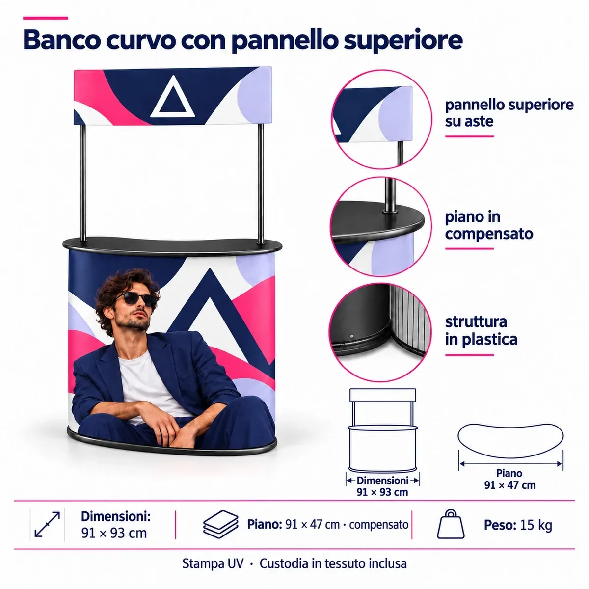Banco promozionale ad arco con topper pubblicitario aggiuntivo – scheda tecnica con dimensioni e dotazione