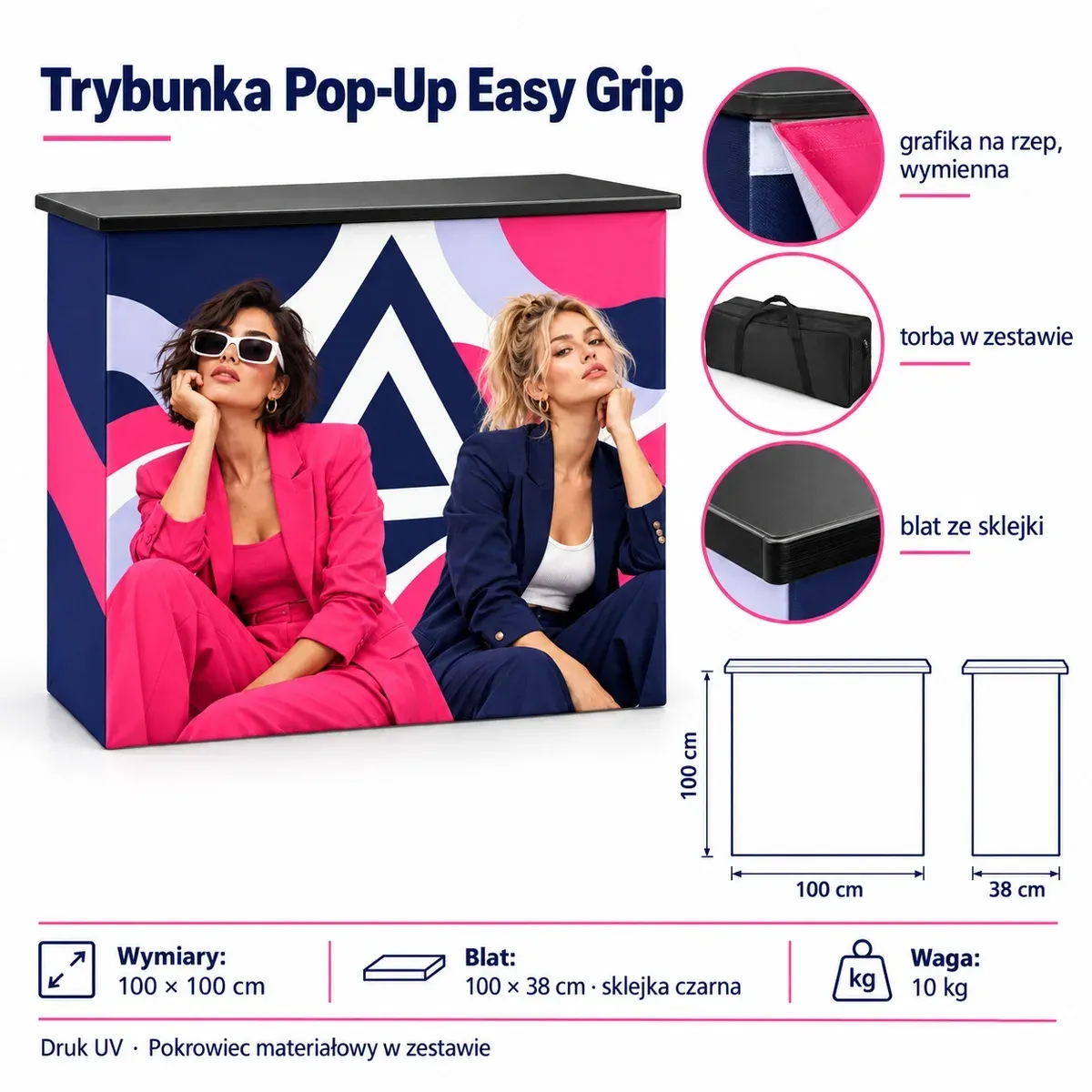 Trybunka Pop-Up Easy Grip – karta techniczna z wymiarami i wyposażeniem