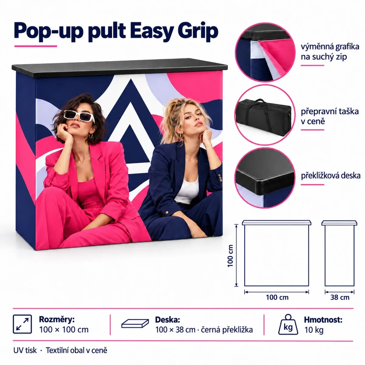 Promo pult Pop-Up Easy Grip – technická karta s rozměry a vybavením