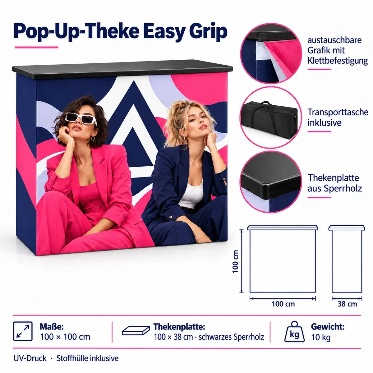 Promotiontheke Pop-Up Easy Grip – technisches Datenblatt mit Maßen und Ausstattung