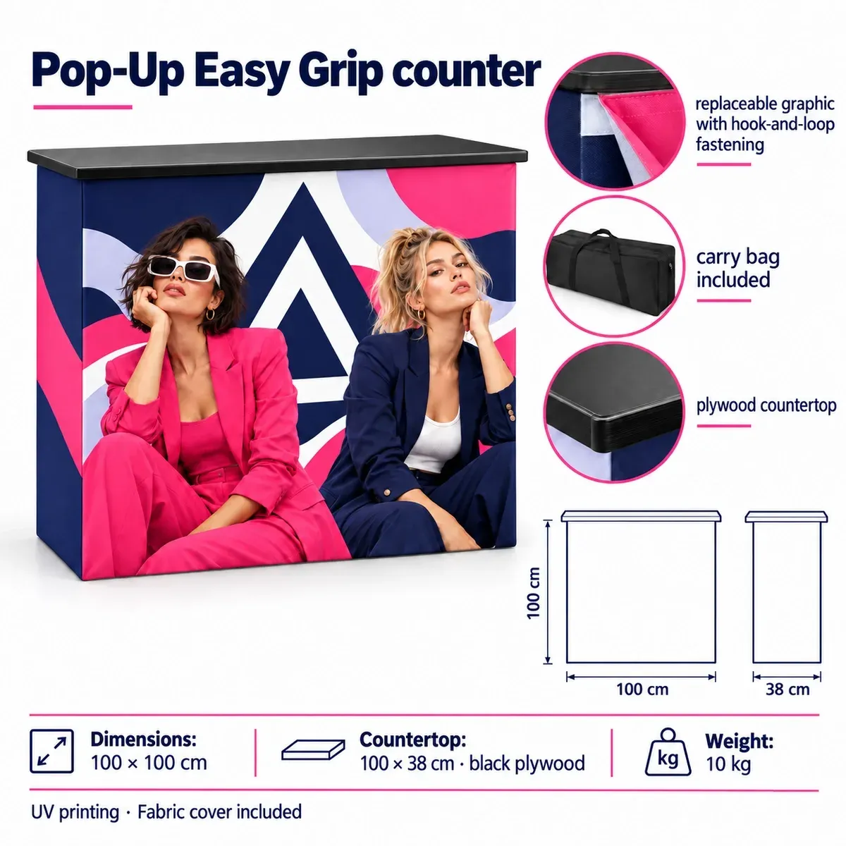 Easy Grip Pop-Up Promo Counter – technical card with dimensions and equipment