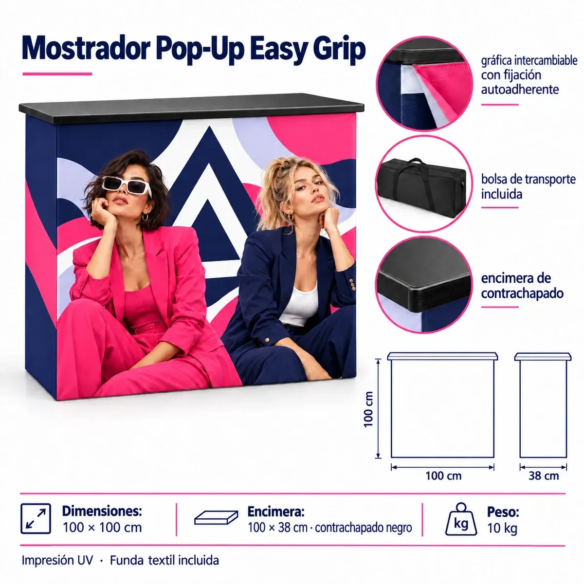 Mostrador Pop-Up Easy Grip – ficha técnica con dimensiones y equipamiento