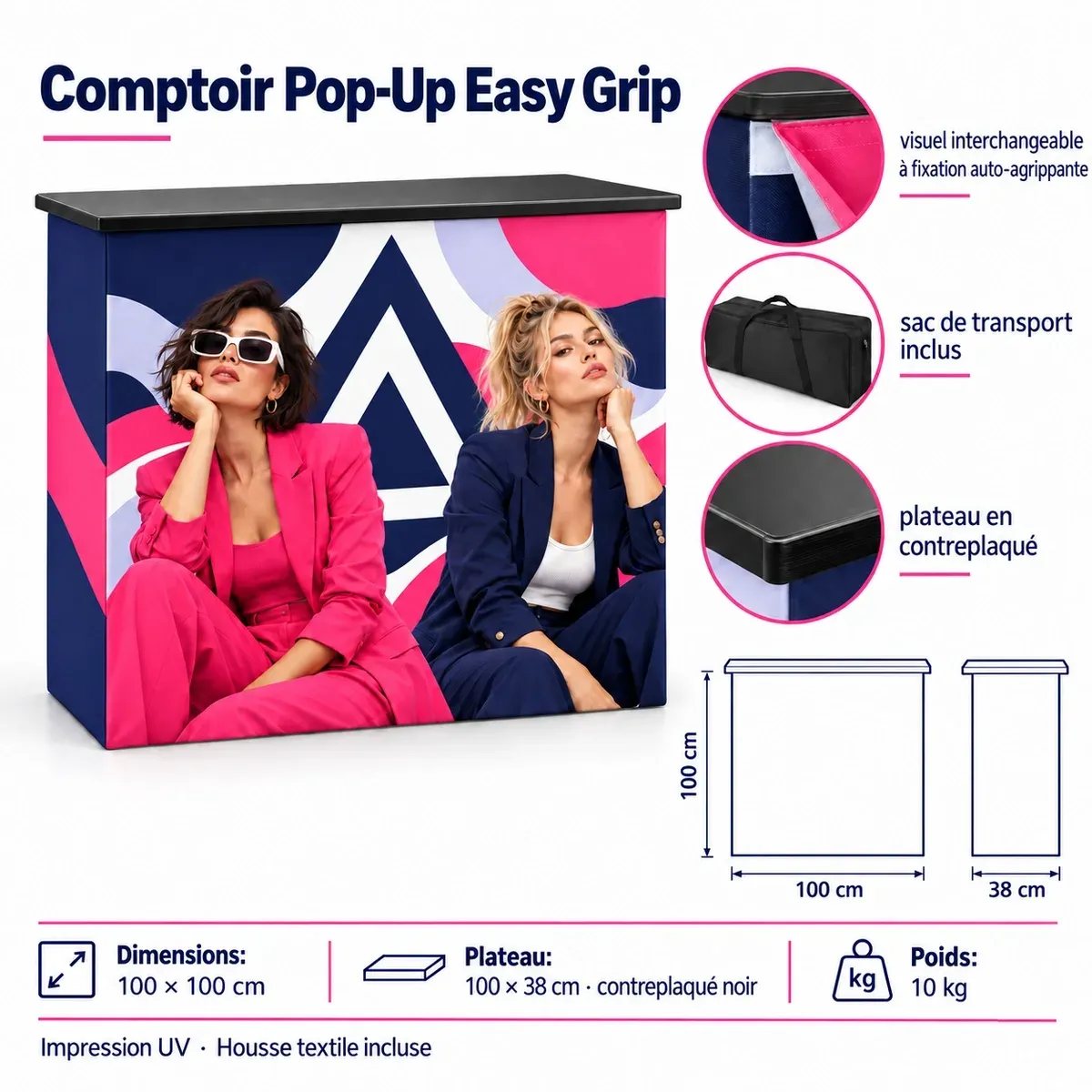Comptoir Pop-Up Easy Grip – fiche technique avec dimensions et équipement