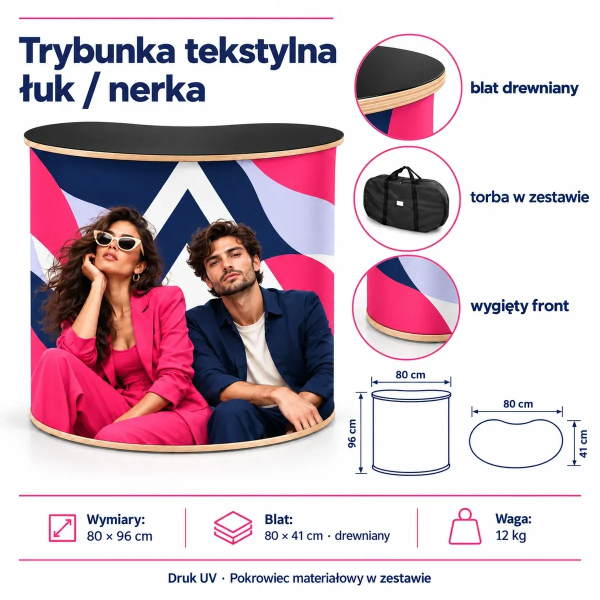 Trybunka tekstylna Łuk – Nerka – karta techniczna z wymiarami i wyposażeniem