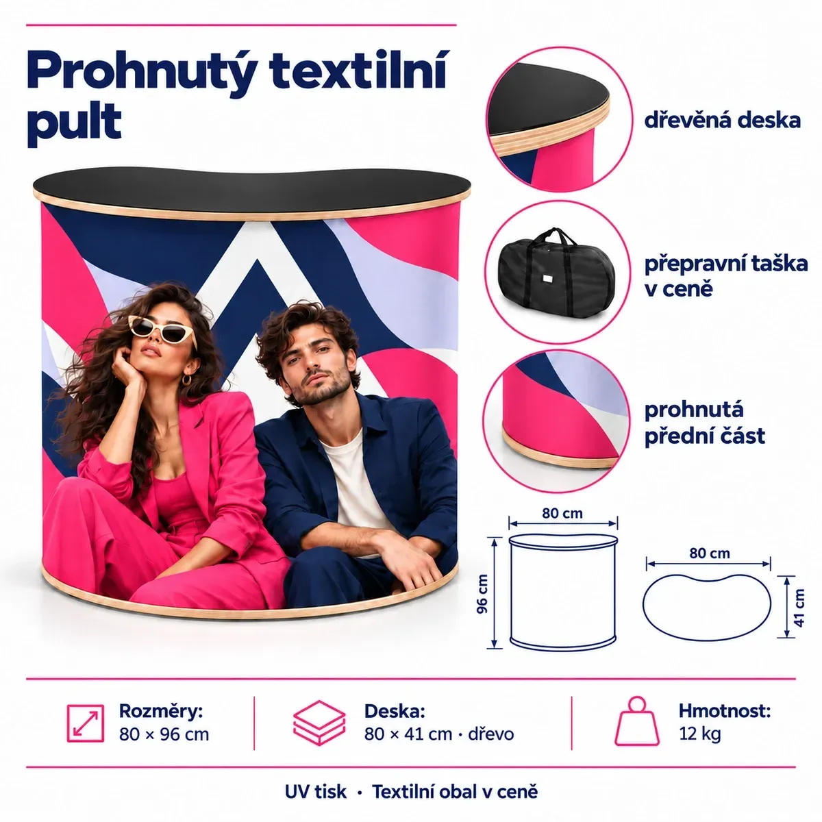 Textilní promo pult Oblouk – Ledvina – technická karta s rozměry a vybavením