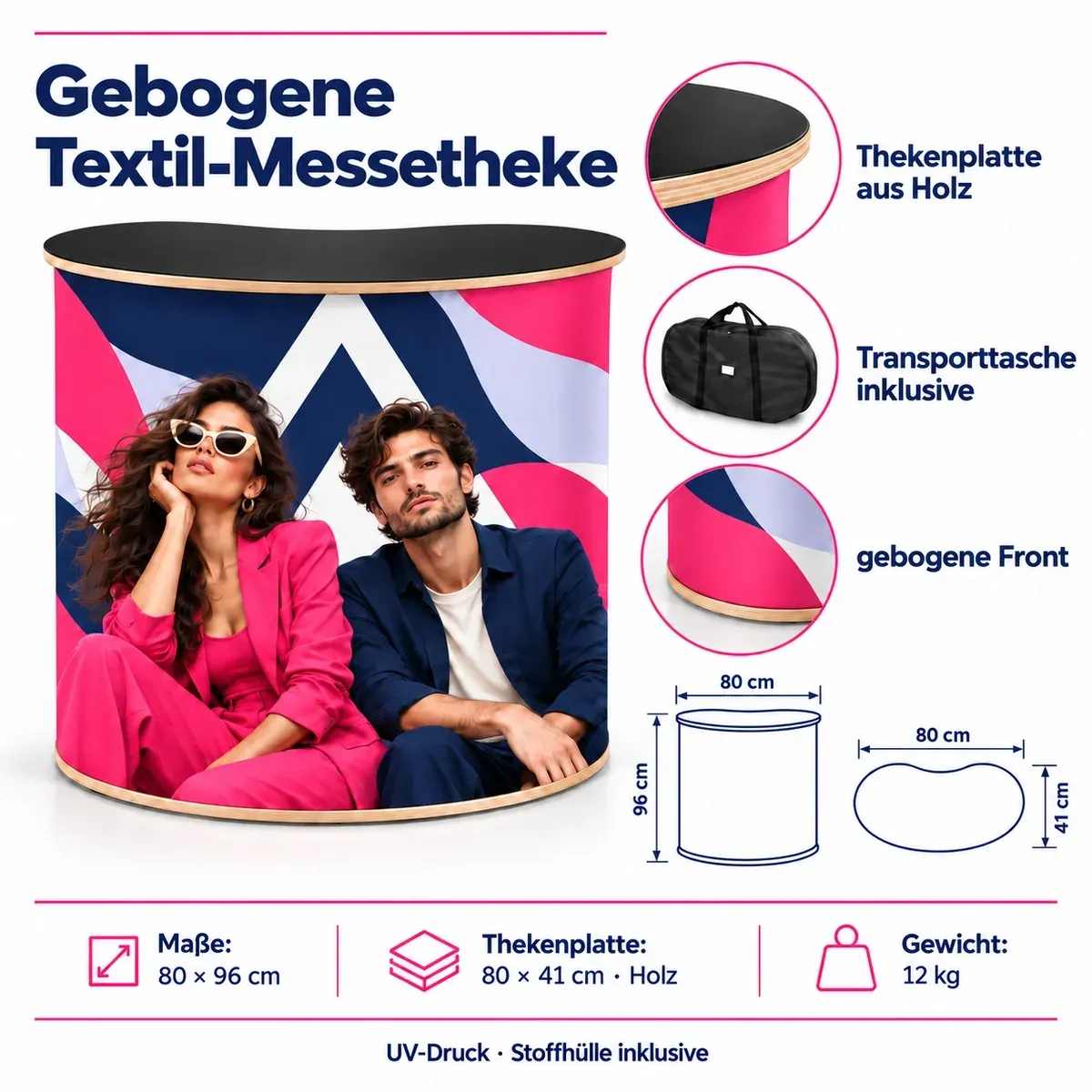 Promotiontheke Textil Bogen – Nierenform – technisches Datenblatt mit Maßen und Ausstattung