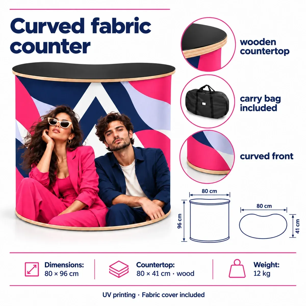 Fabric Promo Counter Arch – Kidney Shape – technical card with dimensions and equipment