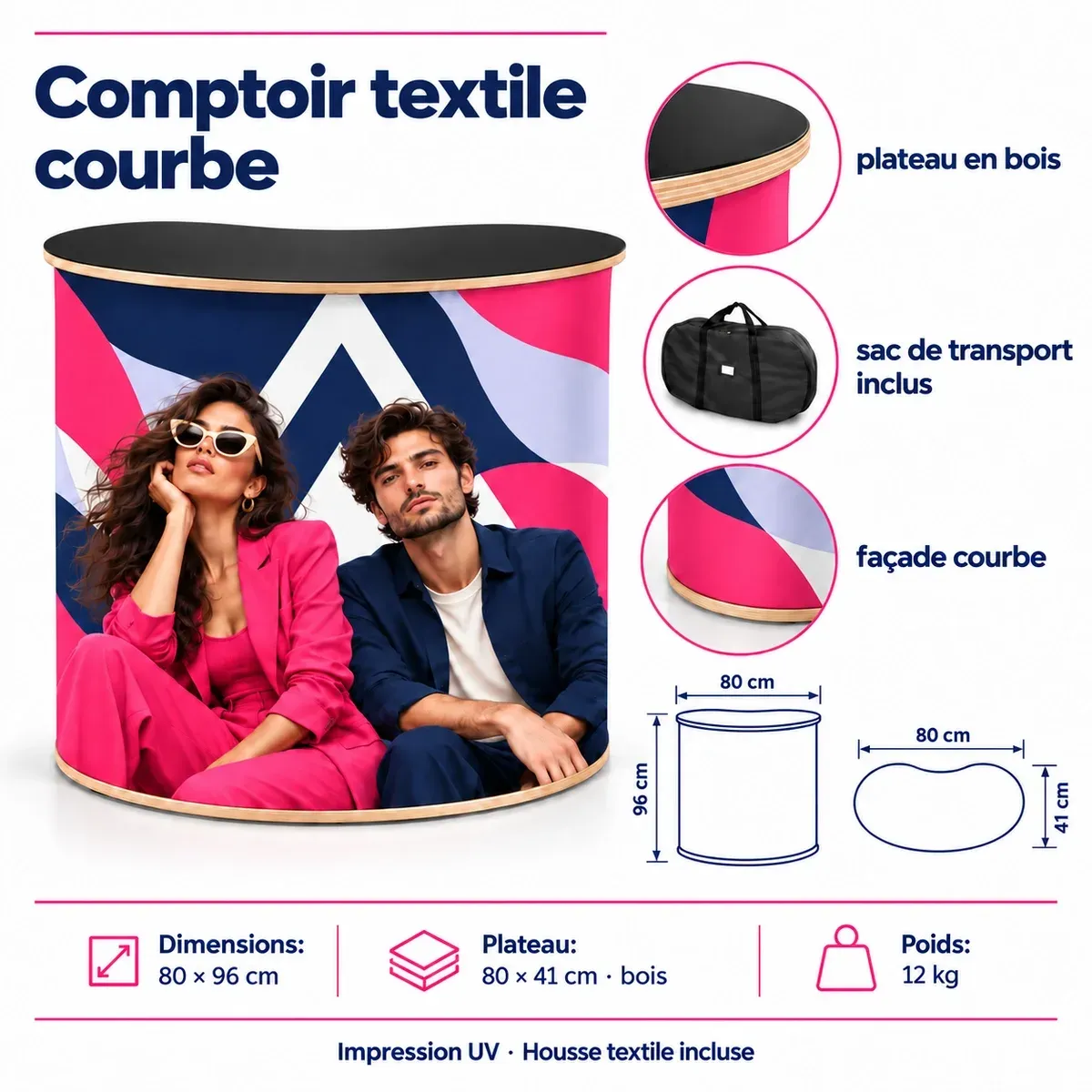 Comptoir gonflable textile Arc – Nerka – fiche technique avec dimensions et équipement