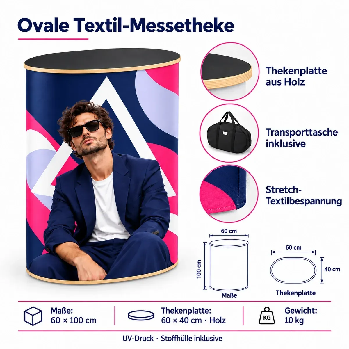 Promotiontheke Textil Oval – technisches Datenblatt mit Maßen und Ausstattung