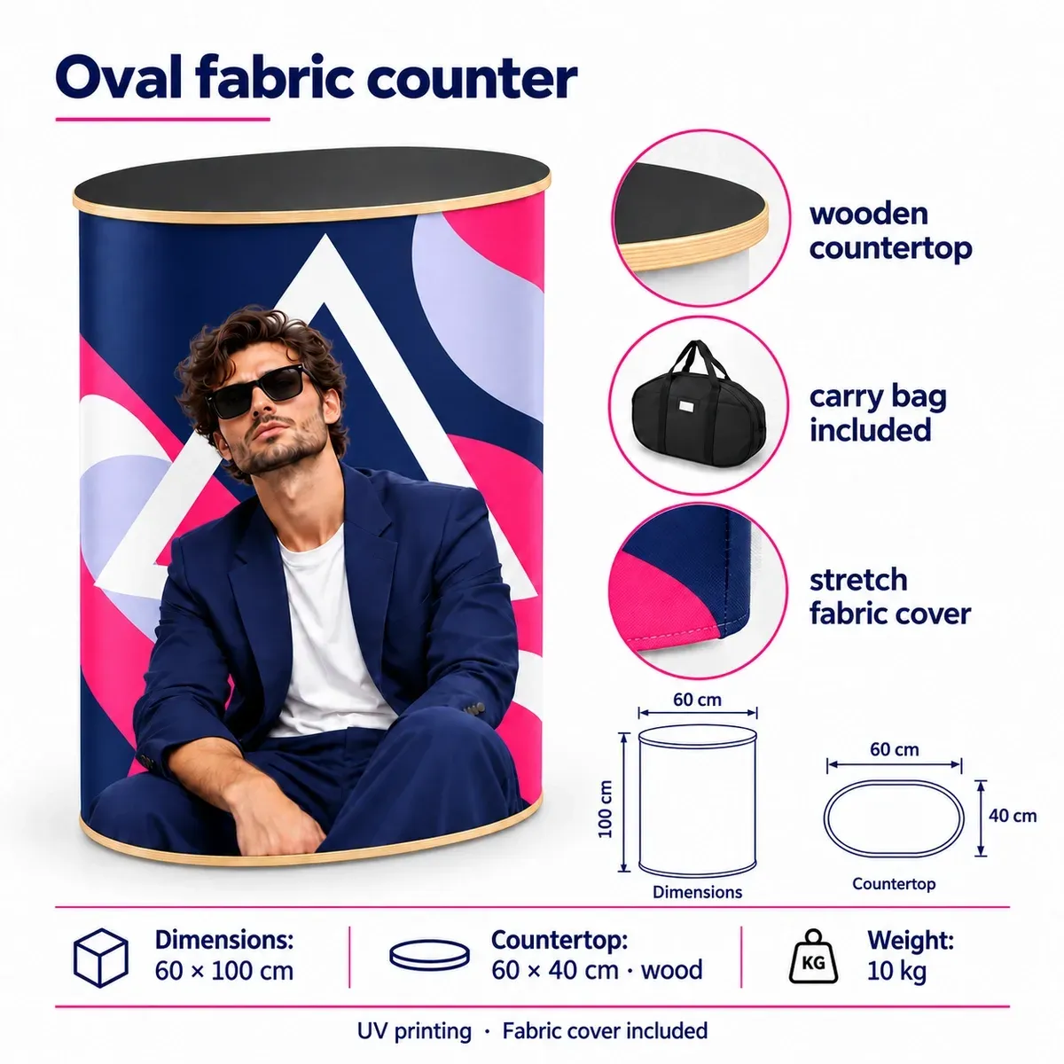 Oval Fabric Promo Counter – technical card with dimensions and equipment