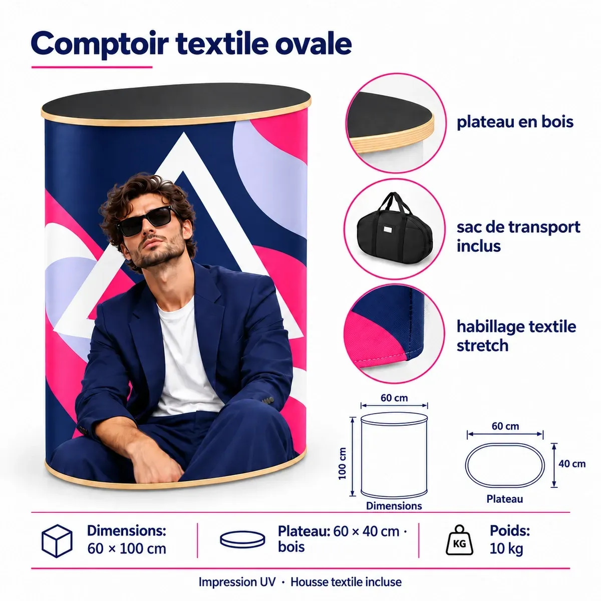 Comptoir gonflable textile Ovale – fiche technique avec dimensions et équipement
