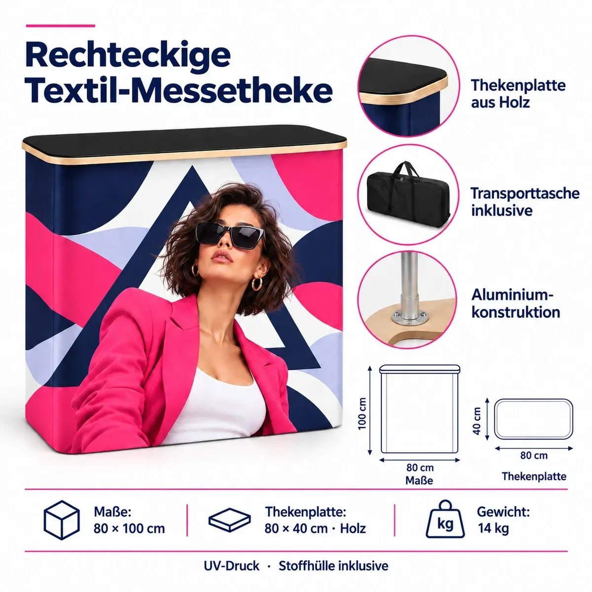 Promotiontheke Textil Rechteckig – technisches Datenblatt mit Maßen und Ausstattung