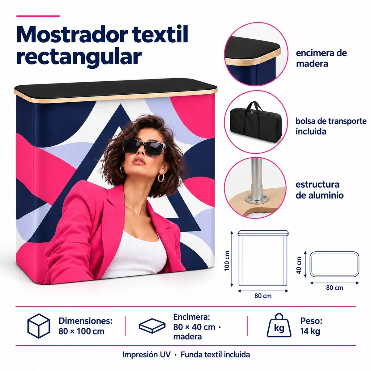 Mostrador promocional textil rectangular – ficha técnica con dimensiones y equipamiento