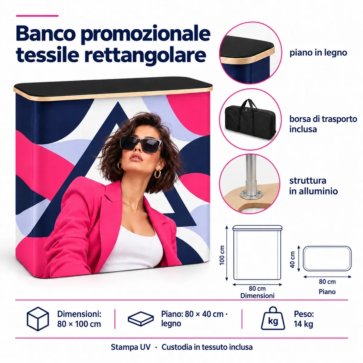 Banco promozionale tessile rettangolare – scheda tecnica con dimensioni e dotazione