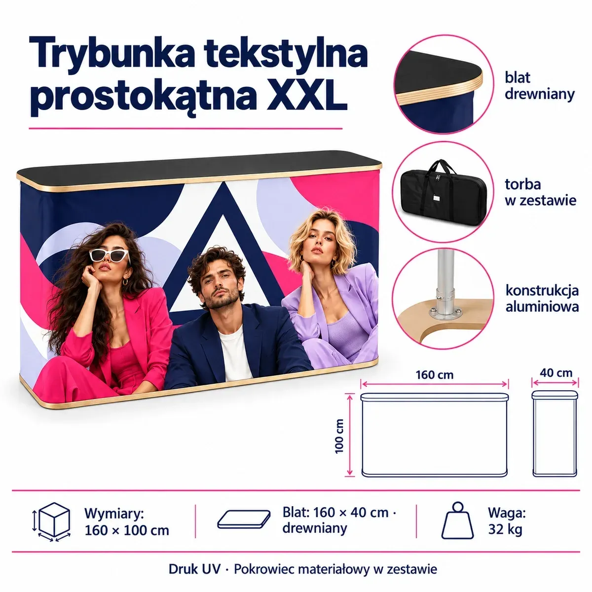 Trybunka tekstylna Prostokątna XXL – karta techniczna z wymiarami i wyposażeniem