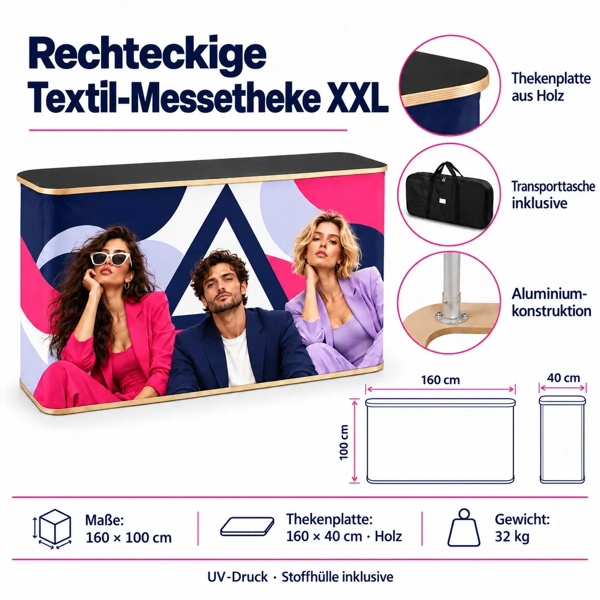 Promotiontheke Textil Rechteckig XXL – technisches Datenblatt mit Maßen und Ausstattung