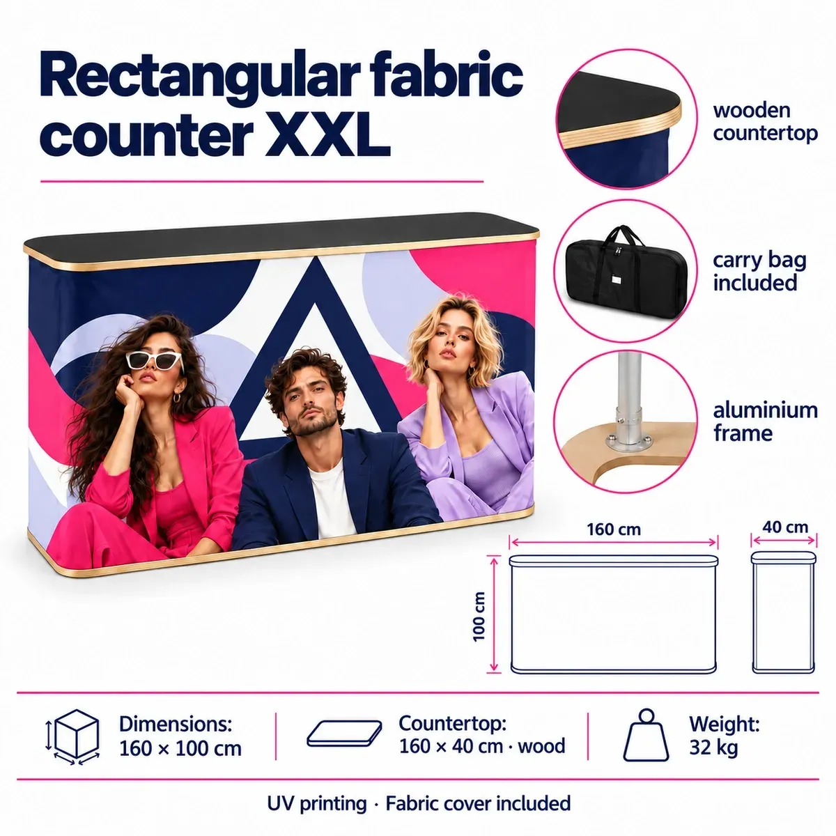 Rectangular XXL Promo Counter – technical card with dimensions and equipment