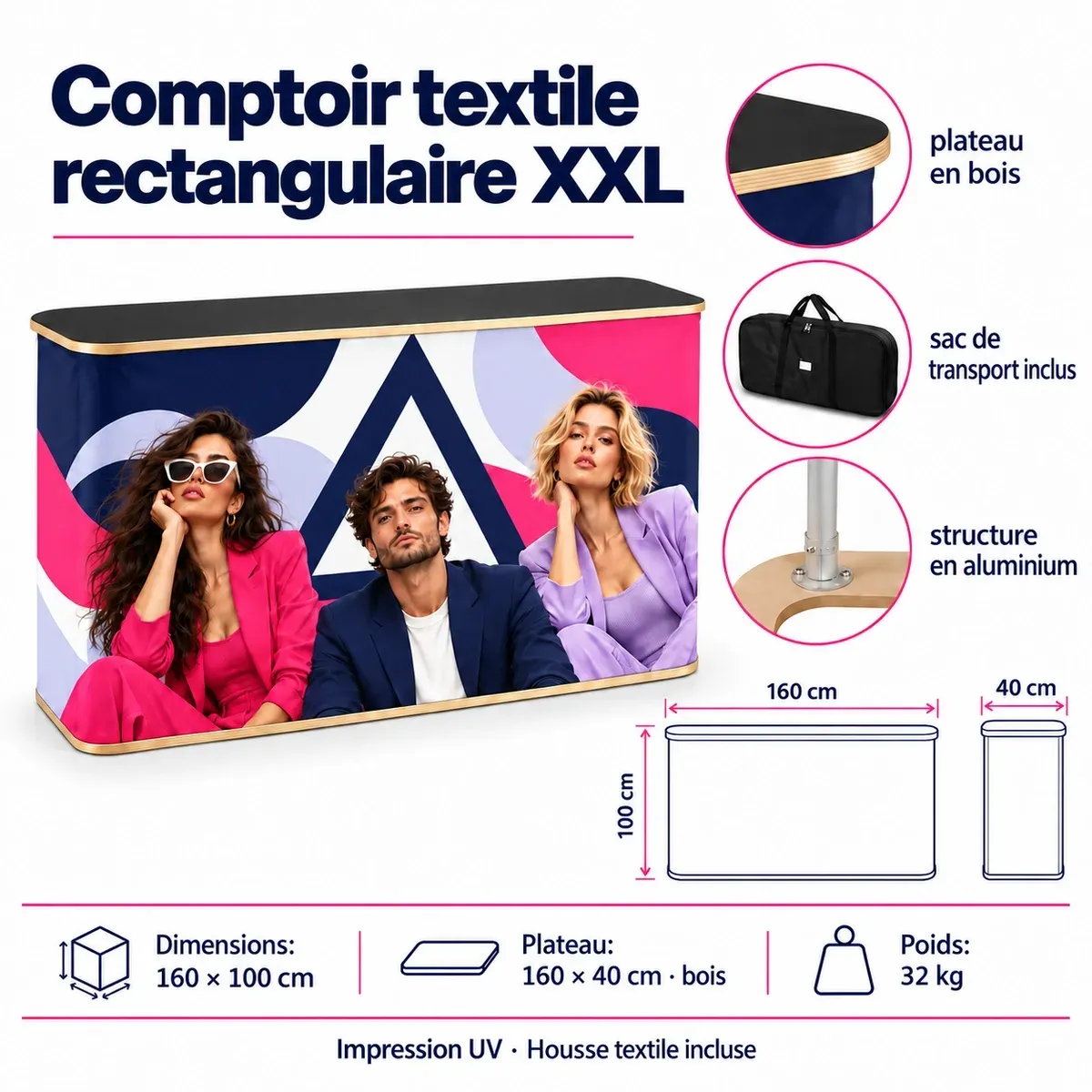 Comptoir gonflable textile rectangulaire XXL – fiche technique avec dimensions et équipement