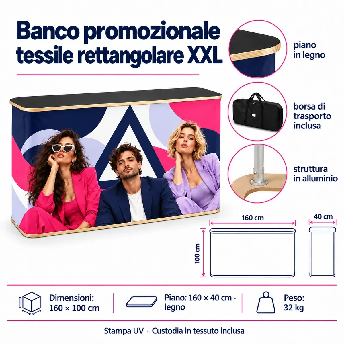 Banco Promozionale Tessile Rettangolare XXL – scheda tecnica con dimensioni e dotazione