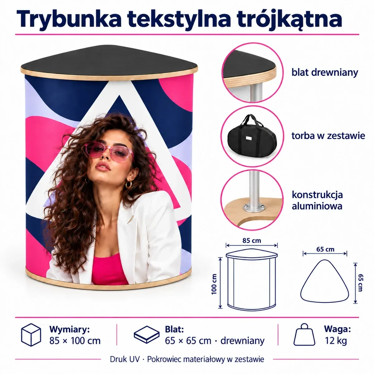 Trybunka tekstylna Trójkątna – karta techniczna z wymiarami i wyposażeniem