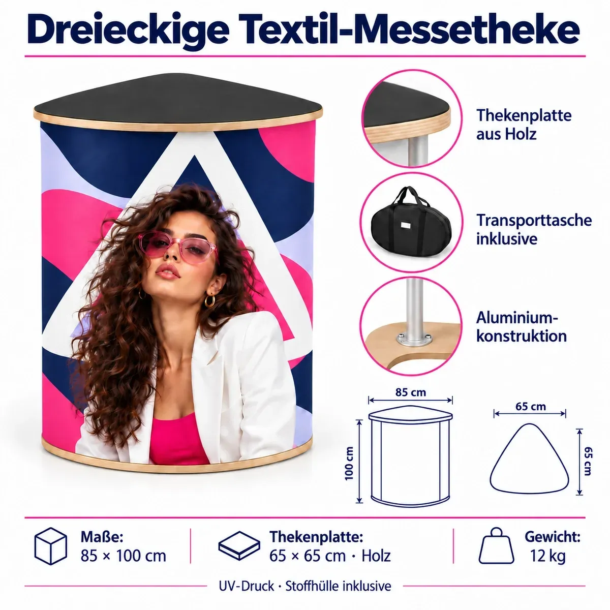 Promotiontheke Textil Dreieckig – technisches Datenblatt mit Maßen und Ausstattung