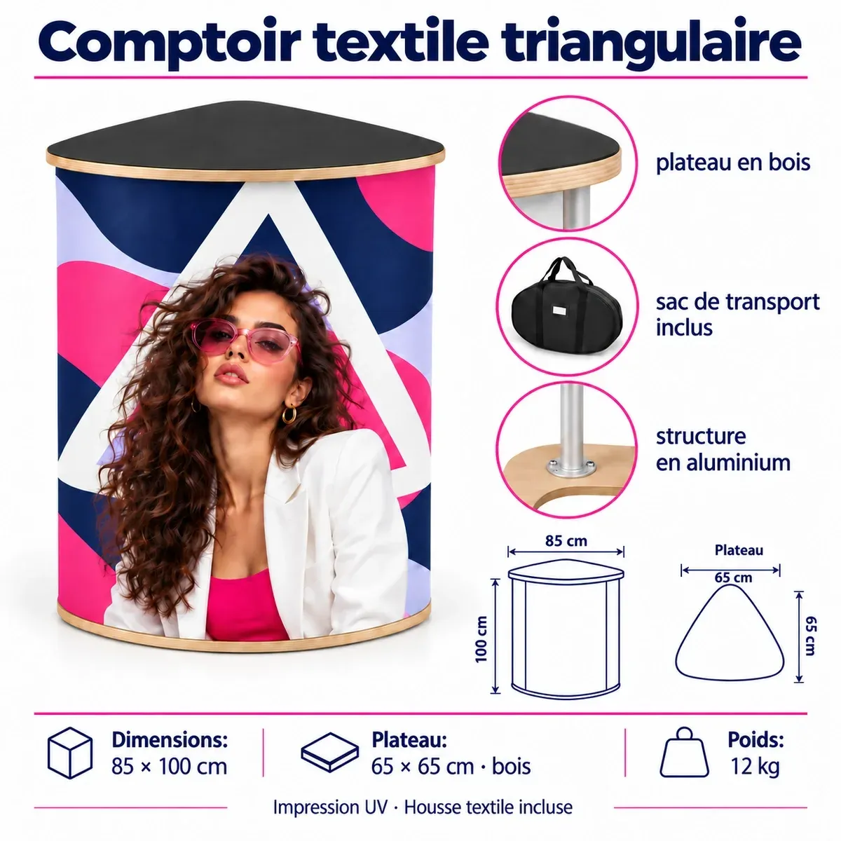 Comptoir gonflable textile triangulaire – fiche technique avec dimensions et équipement