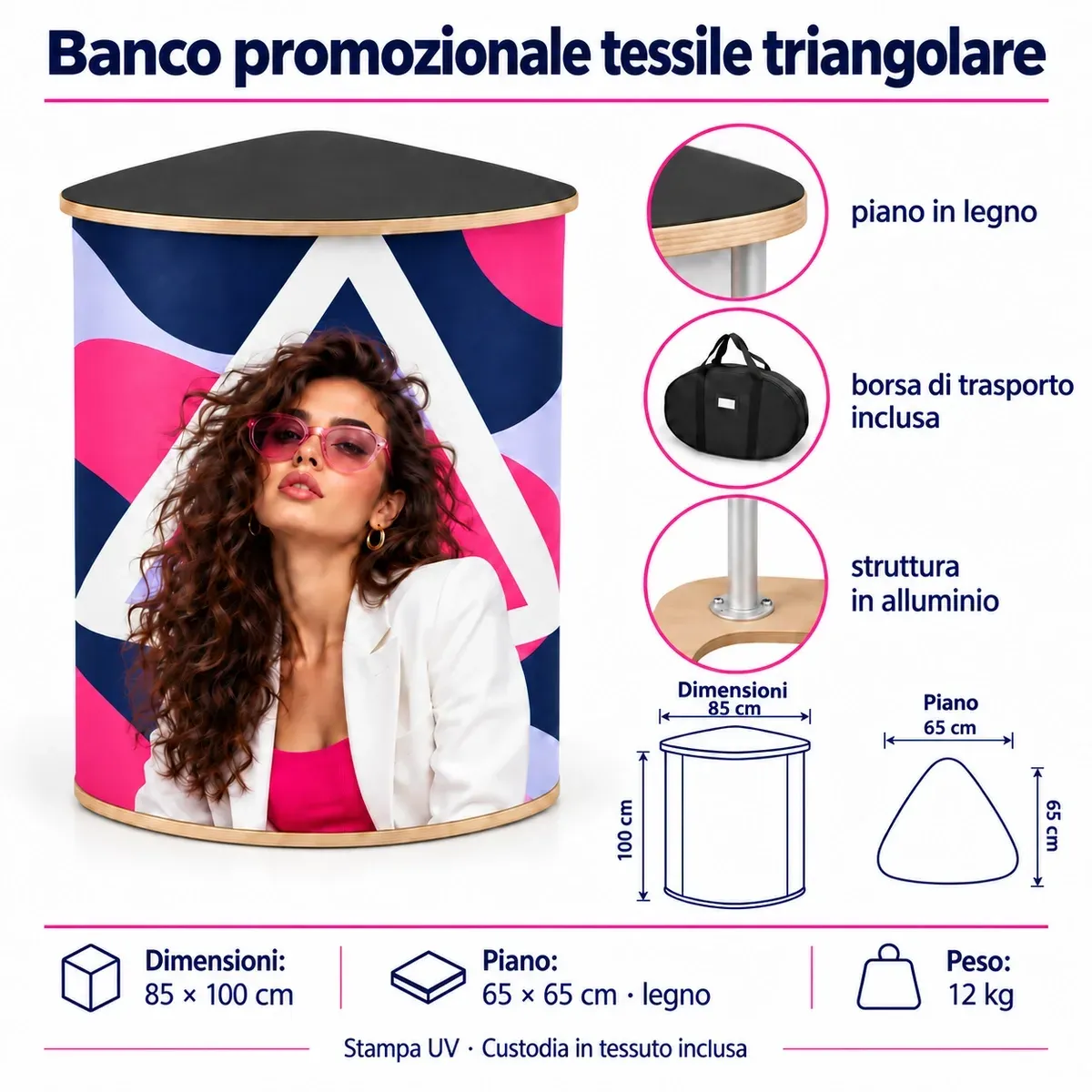 Banco promozionale tessile Triangolare – scheda tecnica con dimensioni e dotazione