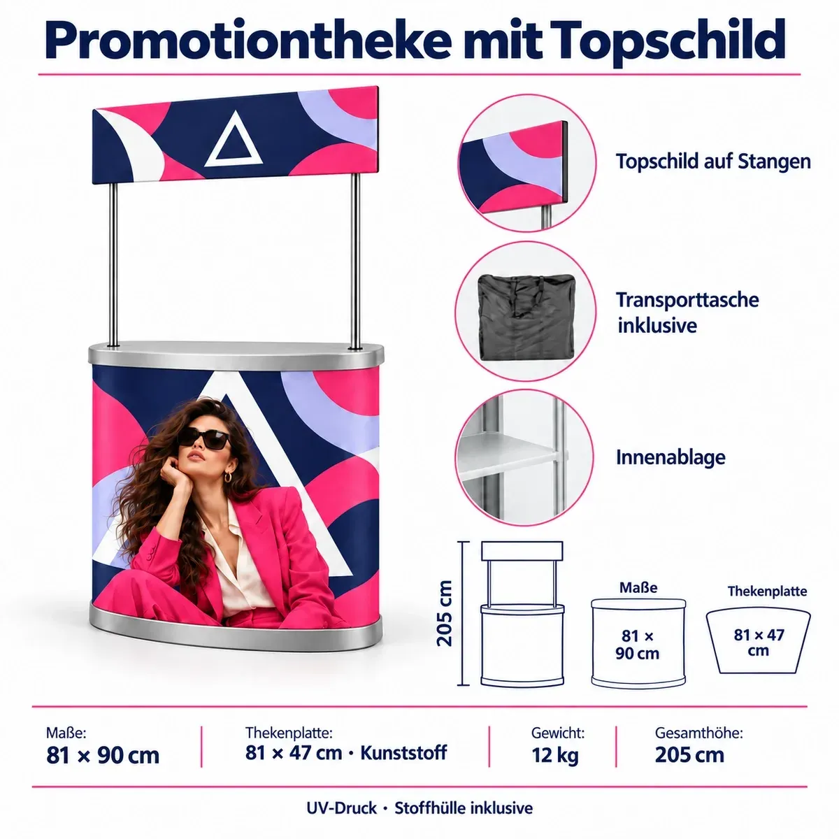 Promotiontheke mit zusätzlichem Topper-Schild – technisches Datenblatt mit Maßen und Ausstattung