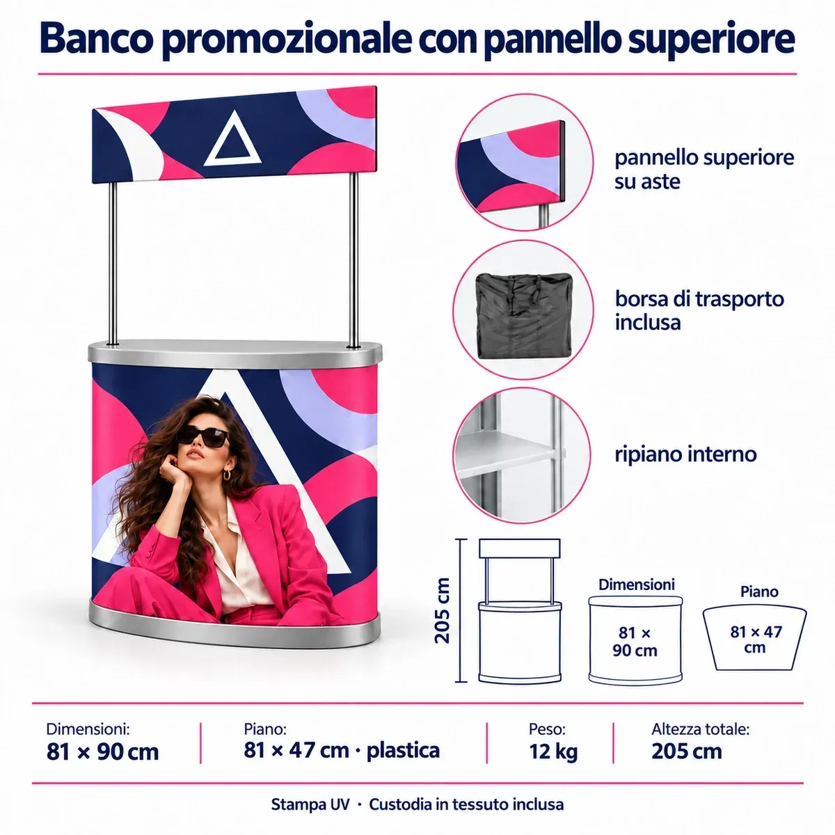Banco promozionale con topper pubblicitario aggiuntivo – scheda tecnica con dimensioni e dotazione