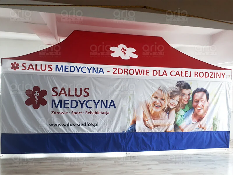 duży namiot stelażowy 6x4m z nadrukiem reklamowym Salus Medycyna