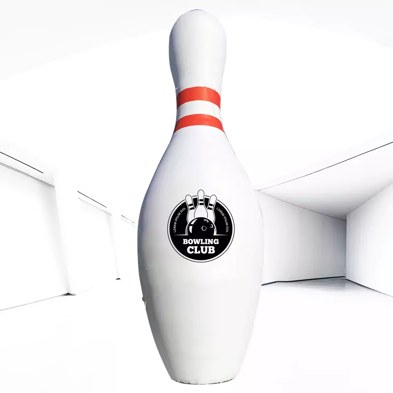 dmuchana reklama w formie butelki stałociśnieniowej w kształcie kręgla z nadrukiem reklamowym Bowling Club